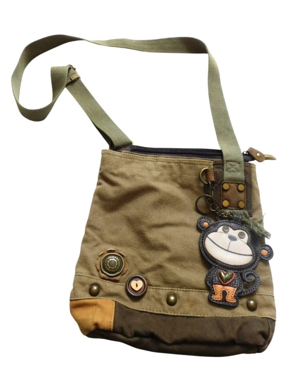 Chala Brown Canvas Crossbody Bag With Monkey Keychain Adjustable Strap